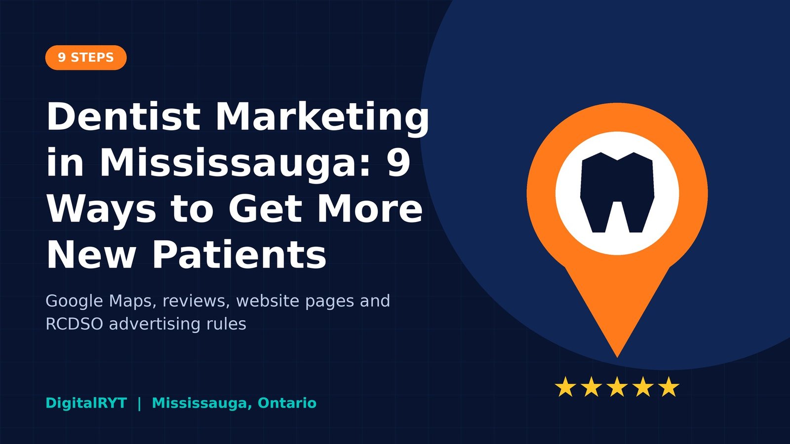 Map pin with a tooth icon and five stars, illustrating dental marketing in Mississauga